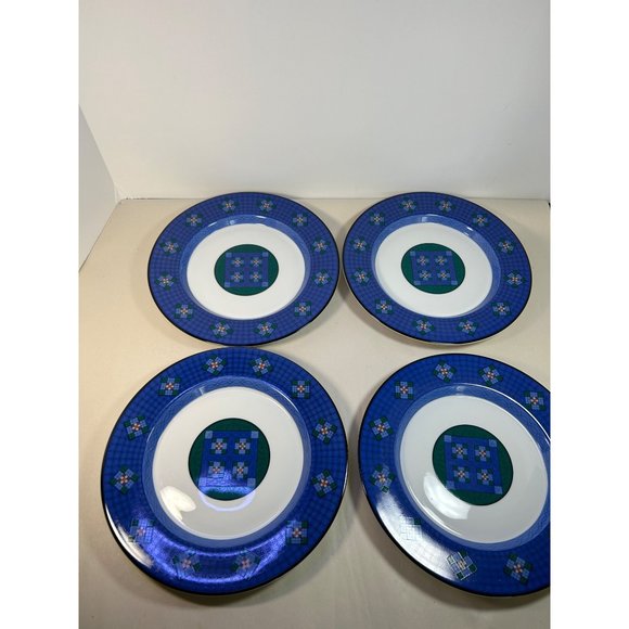 Dansk Nine Patch Accent Salad Lunch Plates Set of Four 9" Quilted Blue Green VTG - Picture 2 of 7